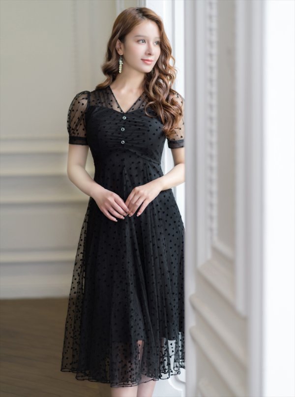 画像2: [送料無料][GINZA COUTURE]ブラック・パフスリーブ・シアー・ハート・ドット・チュールレース・Aライン・ミディアムドレス・ワンピース[即日発送][大きいサイズあり] (2)