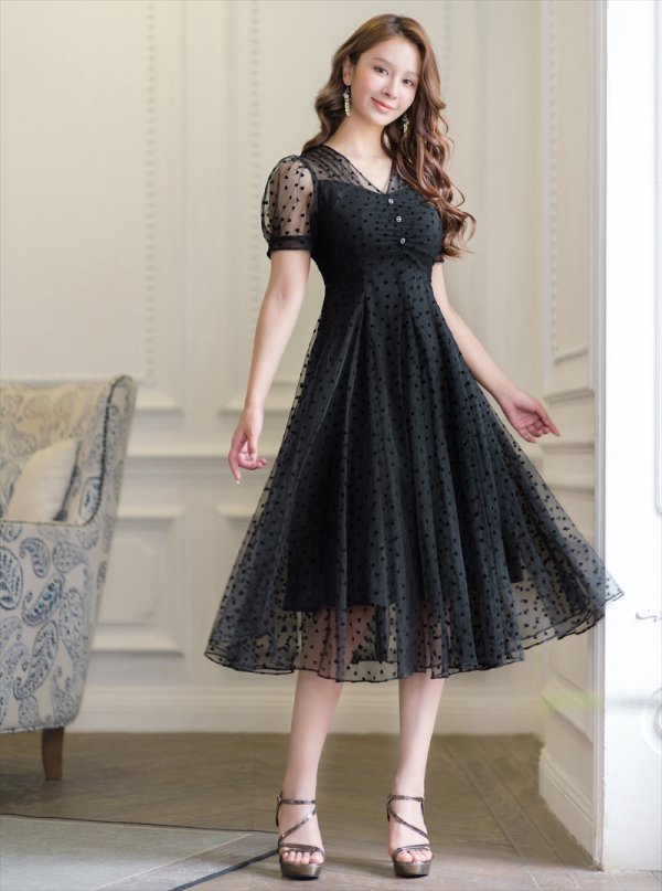画像3: [送料無料][GINZA COUTURE]ブラック・パフスリーブ・シアー・ハート・ドット・チュールレース・Aライン・ミディアムドレス・ワンピース[即日発送][大きいサイズあり] (3)