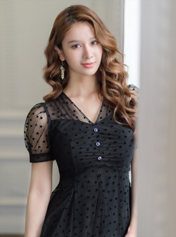 画像5: [送料無料][GINZA COUTURE]ブラック・パフスリーブ・シアー・ハート・ドット・チュールレース・Aライン・ミディアムドレス・ワンピース[即日発送][大きいサイズあり] (5)