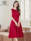 画像1: [送料無料][GINZA COUTURE]ワインレッド・ワンカラー・サテン・シンプル・ノースリーブ・切替・Aライン・フレア・ミディアムドレス・ワンピース[即日発送][大きいサイズあり] (1)