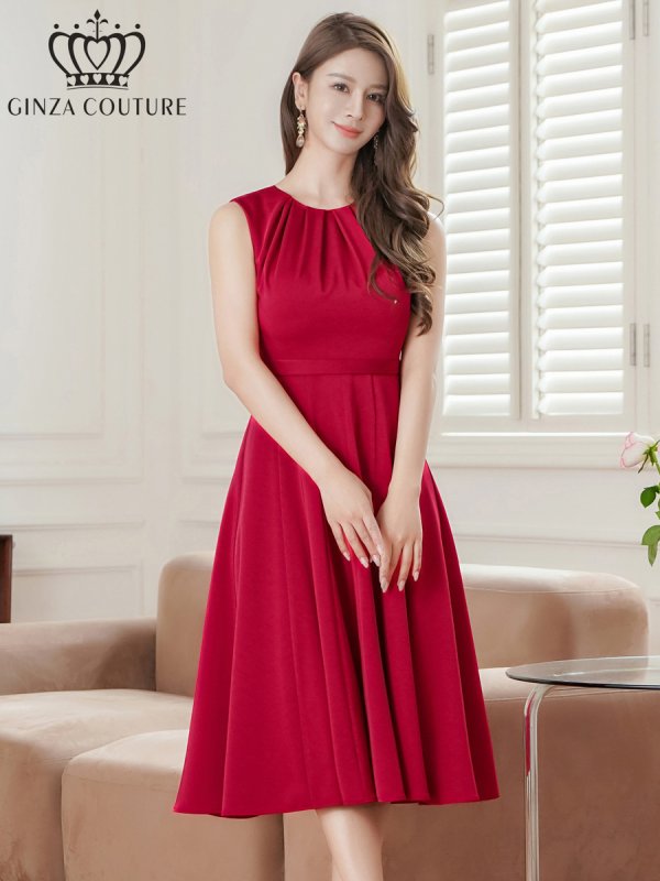 画像1: [送料無料][GINZA COUTURE]ワインレッド・ワンカラー・サテン・シンプル・ノースリーブ・切替・Aライン・フレア・ミディアムドレス・ワンピース[即日発送][大きいサイズあり] (1)