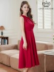 画像2: [送料無料][GINZA COUTURE]ワインレッド・ワンカラー・サテン・シンプル・ノースリーブ・切替・Aライン・フレア・ミディアムドレス・ワンピース[即日発送][大きいサイズあり] (2)