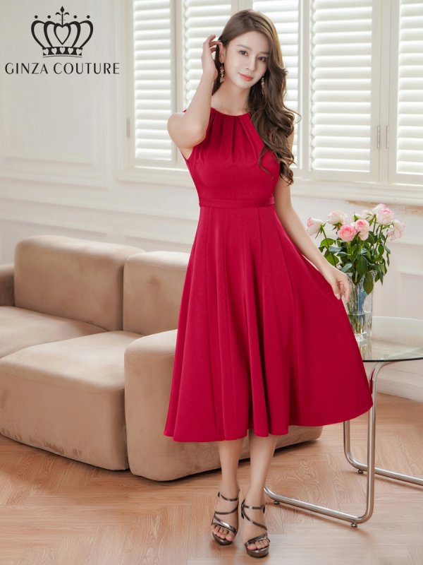 画像5: [送料無料][GINZA COUTURE]ワインレッド・ワンカラー・サテン・シンプル・ノースリーブ・切替・Aライン・フレア・ミディアムドレス・ワンピース[即日発送][大きいサイズあり] (5)