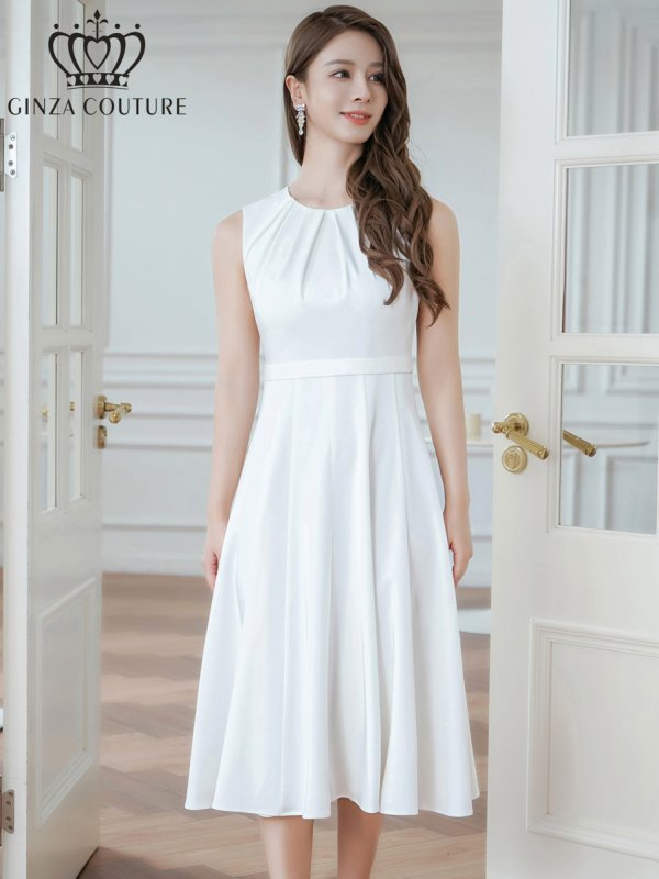 画像1: [送料無料][GINZA COUTURE]ホワイト・ワインレッド・ワンカラー・サテン・シンプル・ノースリーブ・切替・Aライン・フレア・ミディアムドレス・ワンピース[即日発送][大きいサイズあり] (1)