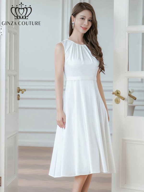 画像2: [送料無料][GINZA COUTURE]ホワイト・ワインレッド・ワンカラー・サテン・シンプル・ノースリーブ・切替・Aライン・フレア・ミディアムドレス・ワンピース[即日発送][大きいサイズあり] (2)