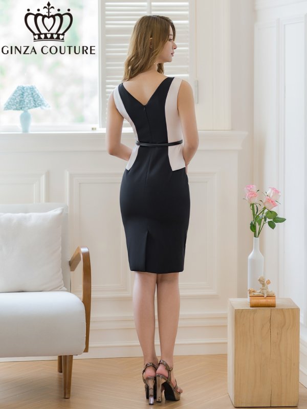 画像3: [送料無料][GINZA COUTURE]ブラック×ベージュ・ホワイト×ブラック・バイカラー・ベルト付き・シンプル・ノースリーブ・タイト・ミディアムドレス・ワンピース[即日発送][大きいサイズあり] (3)