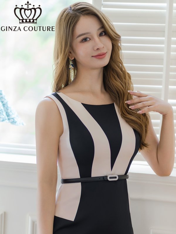 画像4: [送料無料][GINZA COUTURE]ブラック×ベージュ・ホワイト×ブラック・バイカラー・ベルト付き・シンプル・ノースリーブ・タイト・ミディアムドレス・ワンピース[即日発送][大きいサイズあり] (4)