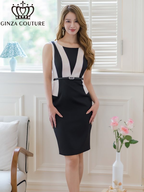 画像5: [送料無料][GINZA COUTURE]ブラック×ベージュ・ホワイト×ブラック・バイカラー・ベルト付き・シンプル・ノースリーブ・タイト・ミディアムドレス・ワンピース[即日発送][大きいサイズあり] (5)