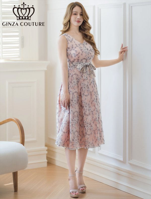 画像2: [送料無料][GINZA COUTURE]ホワイト×ネイビー・総レース・スパンコール・リボンベルト・ウエストマーク・ノースリーブ・Vネック・Aライン・ミディアムドレス・ワンピース[即日発送][大きいサイズあり] (2)