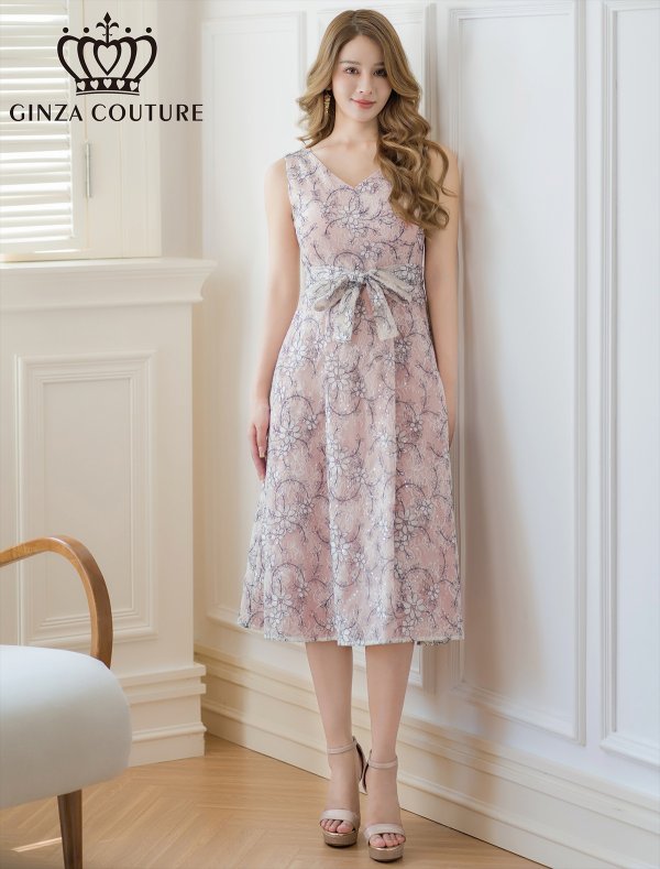 画像6: [送料無料][GINZA COUTURE]ホワイト×ネイビー・総レース・スパンコール・リボンベルト・ウエストマーク・ノースリーブ・Vネック・Aライン・ミディアムドレス・ワンピース[即日発送][大きいサイズあり] (6)