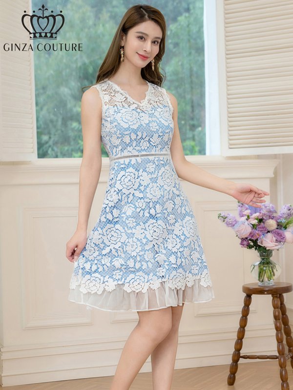 画像2: [送料無料][GINZA COUTURE]ブルー×ホワイト・ピンク×ホワイト・レース・Vネック・ノースリーブ・切替・Aライン・ミニドレス・ワンピース[即日発送][大きいサイズあり] (2)