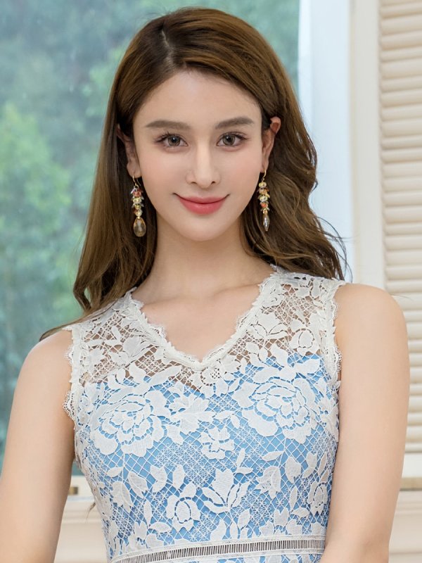 画像4: [送料無料][GINZA COUTURE]ブルー×ホワイト・ピンク×ホワイト・レース・Vネック・ノースリーブ・切替・Aライン・ミニドレス・ワンピース[即日発送][大きいサイズあり] (4)