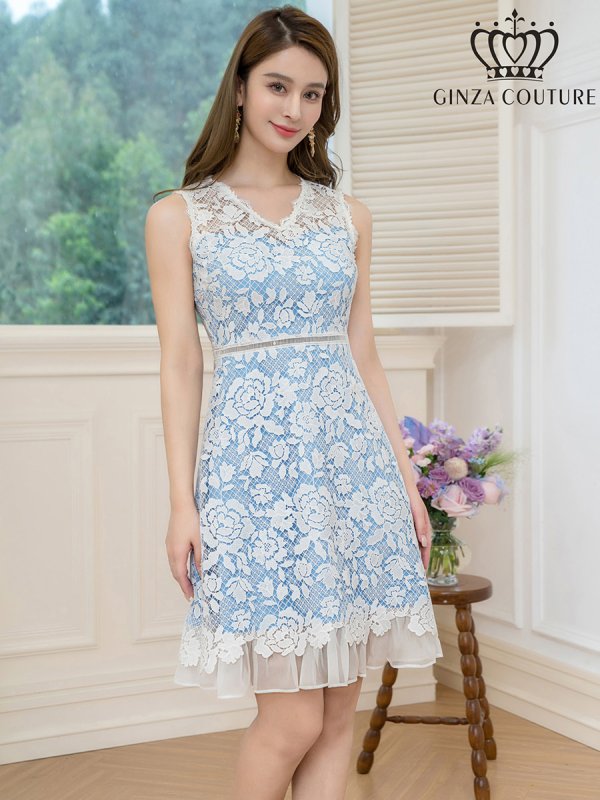画像6: [送料無料][GINZA COUTURE]ブルー×ホワイト・ピンク×ホワイト・レース・Vネック・ノースリーブ・切替・Aライン・ミニドレス・ワンピース[即日発送][大きいサイズあり] (6)
