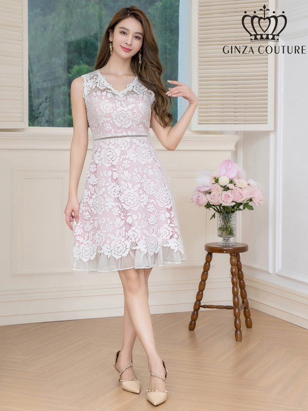 画像1: [送料無料][GINZA COUTURE]ピンク×ホワイト・ブルー×ホワイト・レース・Vネック・ノースリーブ・切替・Aライン・ミニドレス・ワンピース[即日発送][大きいサイズあり] (1)