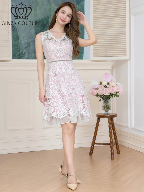 画像11: [送料無料][GINZA COUTURE]ブルー×ホワイト・ピンク×ホワイト・レース・Vネック・ノースリーブ・切替・Aライン・ミニドレス・ワンピース[即日発送][大きいサイズあり] (11)
