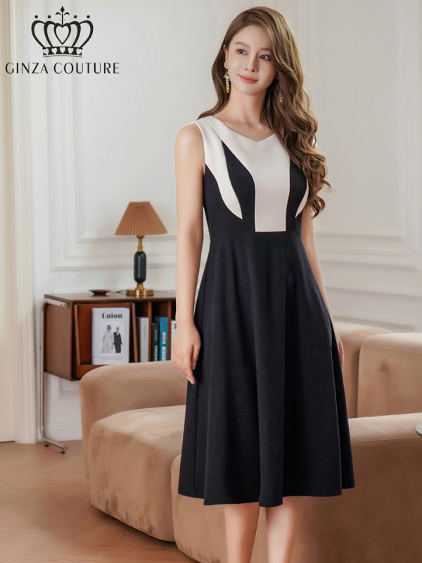 画像2: [送料無料][GINZA COUTURE]ブラック×ベージュ・シンプル・バイカラー・ノースリーブ・Aライン・ミディアムドレス・ワンピース[即日発送][大きいサイズあり] (2)