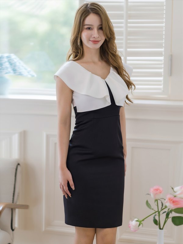 画像2: [送料無料][GINZA COUTURE]ホワイト×ブラック・バイカラー・フリルカラー・タイト・シンプル・ミディアムドレス・ワンピース[即日発送][大きいサイズあり] (2)