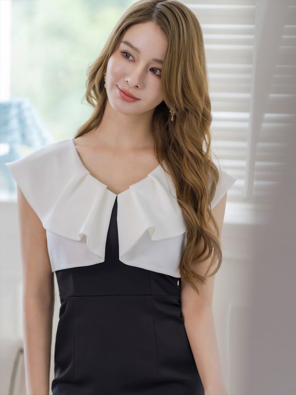 画像4: [送料無料][GINZA COUTURE]ホワイト×ブラック・バイカラー・フリルカラー・タイト・シンプル・ミディアムドレス・ワンピース[即日発送][大きいサイズあり] (4)