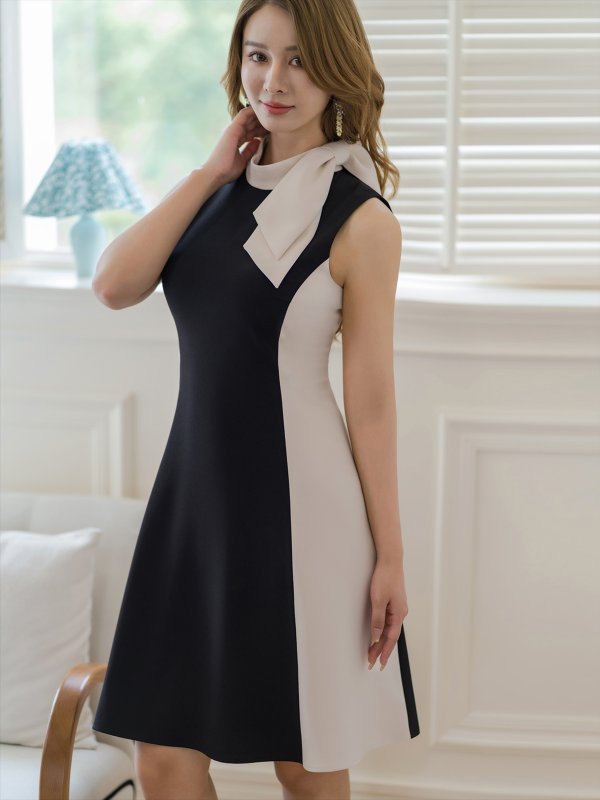 画像2: [送料無料][GINZA COUTURE]ブラック×ベージュ・ピンク×ブラック・シンプル・バイカラー・ノースリーブ・ネックリボン・Aライン・ミディアムドレス・ワンピース[即日発送][大きいサイズあり] (2)
