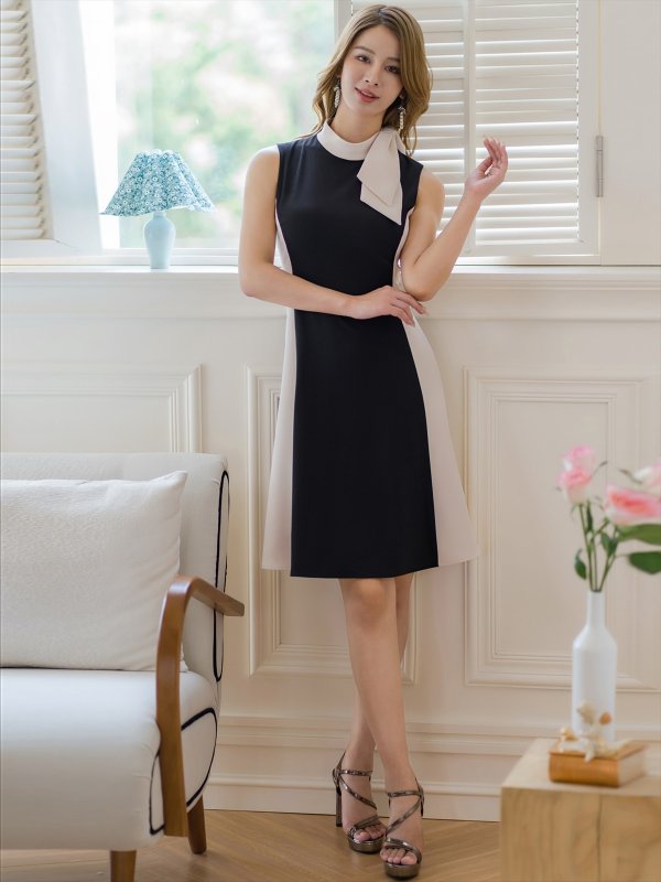 画像6: [送料無料][GINZA COUTURE]ブラック×ベージュ・ピンク×ブラック・シンプル・バイカラー・ノースリーブ・ネックリボン・Aライン・ミディアムドレス・ワンピース[即日発送][大きいサイズあり] (6)