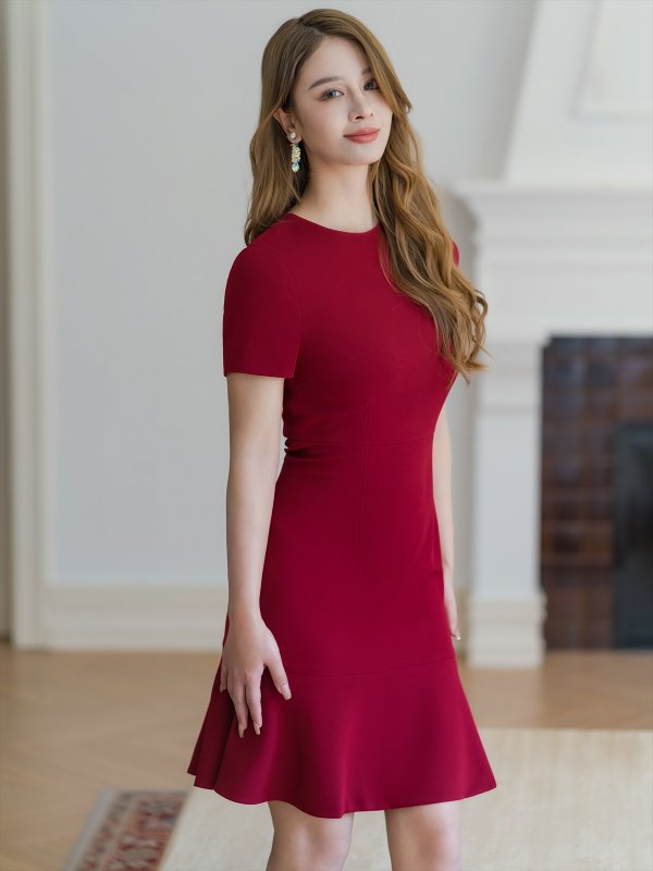 画像2: [送料無料][GINZA COUTURE]ワインレッド・シンプル・半袖・マーメイド・裾フリル・膝丈・ミニドレス・ワンピース[即日発送][大きいサイズあり] (2)