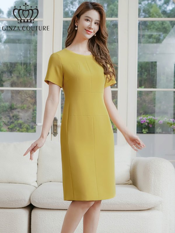 画像8: [送料無料][GINZA COUTURE]ブルー・イエロー・ワンカラー・シンプル・半袖・無地・切替デザイン・タイト・膝丈・ミディアムドレス・ワンピース[即日発送][大きいサイズあり] (8)