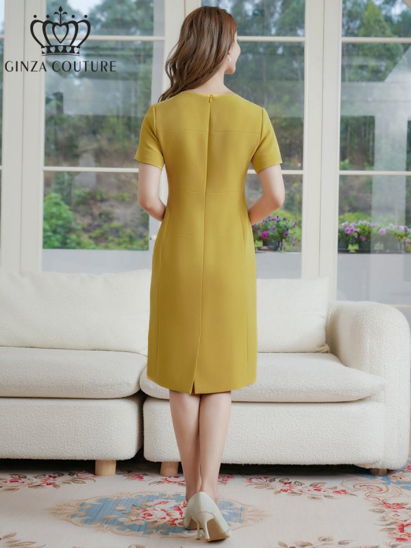 画像9: [送料無料][GINZA COUTURE]ブルー・イエロー・ワンカラー・シンプル・半袖・無地・切替デザイン・タイト・膝丈・ミディアムドレス・ワンピース[即日発送][大きいサイズあり] (9)