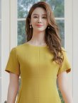 画像4: [送料無料][GINZA COUTURE]イエロー・ブルー・シンプル・半袖・無地・切替デザイン・タイト・膝丈・ミディアムドレス・ワンピース[即日発送][大きいサイズあり] (4)