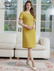 画像5: [送料無料][GINZA COUTURE]イエロー・ブルー・シンプル・半袖・無地・切替デザイン・タイト・膝丈・ミディアムドレス・ワンピース[即日発送][大きいサイズあり] (5)