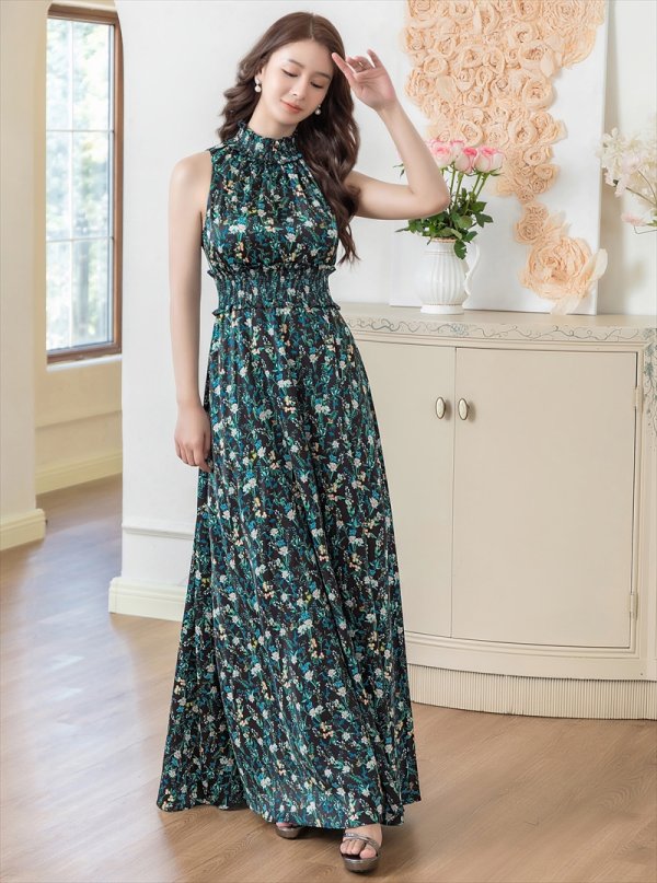 画像8: [送料無料][GINZA COUTURE]ホワイト・ブラック・ブラック・ホワイト・花柄・プリント・サテン・首元フリル・ウエストマーク・マキシ・アメリカンスリーブ・Aライン・ロングドレス[即日発送][大きいサイズあり] (8)