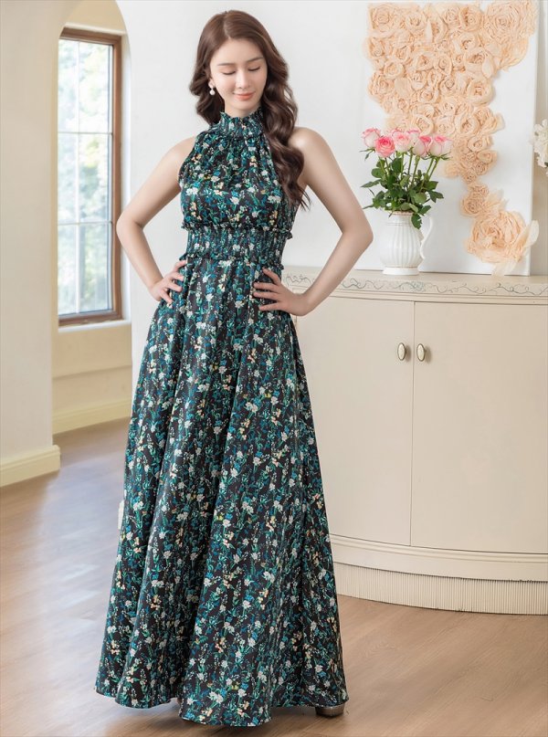 画像11: [送料無料][GINZA COUTURE]ホワイト・ブラック・ブラック・ホワイト・花柄・プリント・サテン・首元フリル・ウエストマーク・マキシ・アメリカンスリーブ・Aライン・ロングドレス[即日発送][大きいサイズあり] (11)