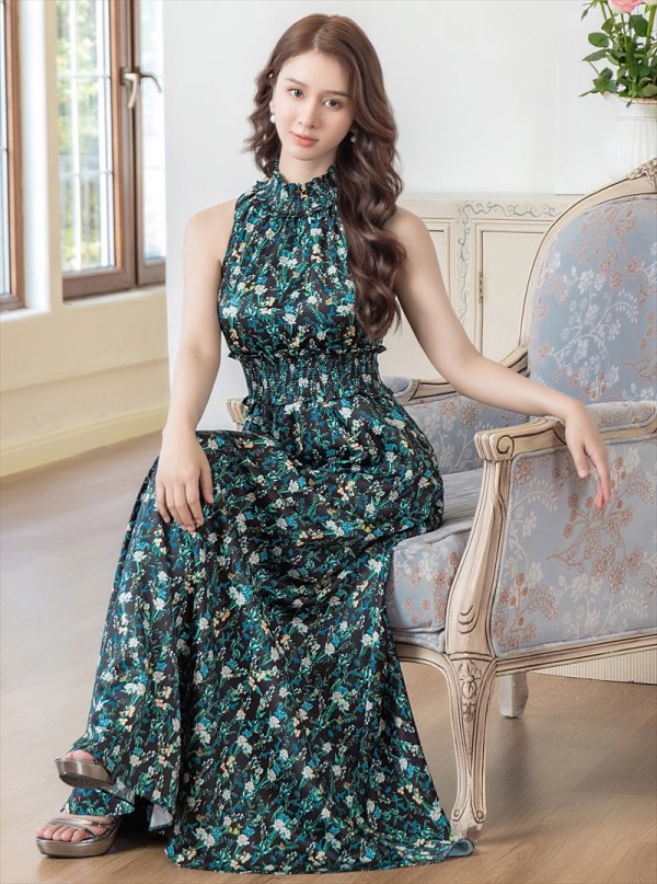 画像12: [送料無料][GINZA COUTURE]ホワイト・ブラック・ブラック・ホワイト・花柄・プリント・サテン・首元フリル・ウエストマーク・マキシ・アメリカンスリーブ・Aライン・ロングドレス[即日発送][大きいサイズあり] (12)