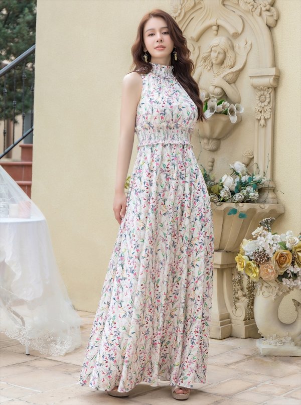 画像2: [送料無料][GINZA COUTURE]ホワイト・ブラック・ブラック・ホワイト・花柄・プリント・サテン・首元フリル・ウエストマーク・マキシ・アメリカンスリーブ・Aライン・ロングドレス[即日発送][大きいサイズあり] (2)