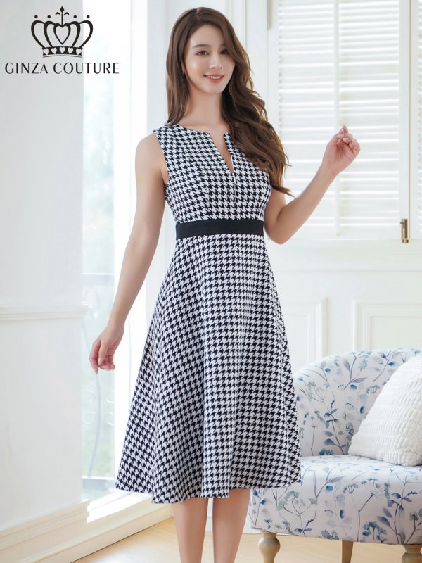 画像2: [送料無料][GINZA COUTURE]ホワイト×ブラック・千鳥格子・チェック・ツイード・ノースリーブ・Aライン・ミディアムドレス・ワンピース[即日発送][大きいサイズあり] (2)