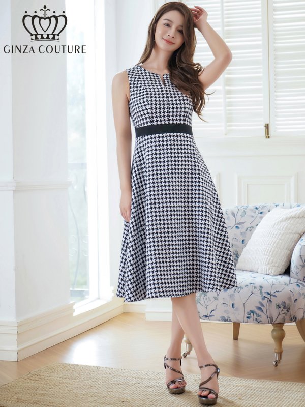 画像5: [送料無料][GINZA COUTURE]ホワイト×ブラック・千鳥格子・チェック・ツイード・ノースリーブ・Aライン・ミディアムドレス・ワンピース[即日発送][大きいサイズあり] (5)