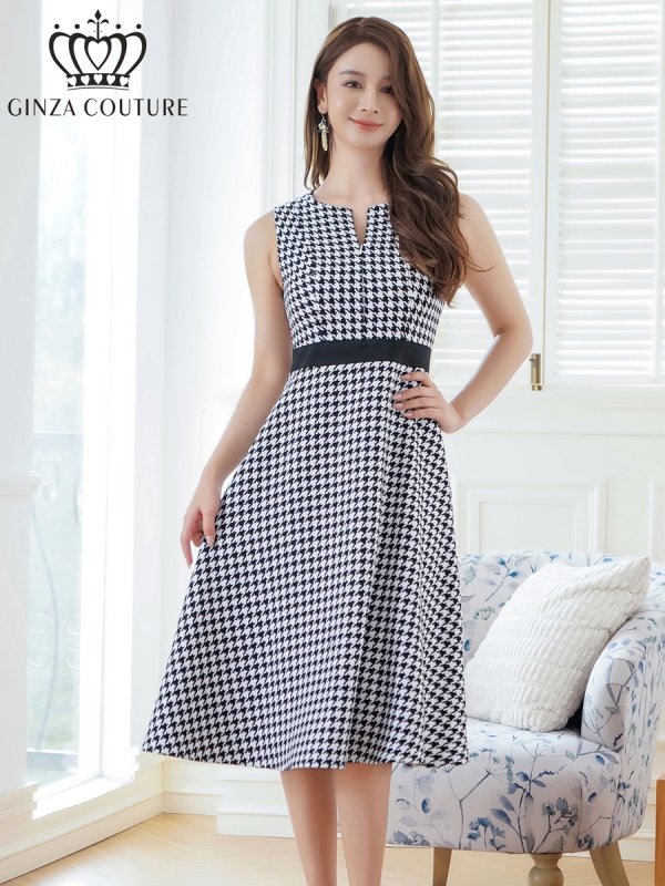 画像6: [送料無料][GINZA COUTURE]ホワイト×ブラック・千鳥格子・チェック・ツイード・ノースリーブ・Aライン・ミディアムドレス・ワンピース[即日発送][大きいサイズあり] (6)