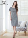 画像1: [送料無料][GINZA COUTURE]ブラック×ホワイト・千鳥格子・チェック・シンプル・半袖・タイト・ミディアムドレス・ワンピース[即日発送][大きいサイズあり] (1)