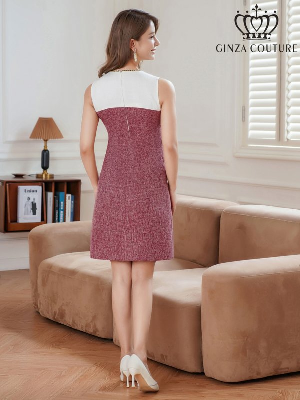 画像9: [送料無料][GINZA COUTURE]ホワイト×ベージュ・ホワイト×ワインレッド・バイカラー・チェーン・ポケット・ツイード・ノースリーブ・タイト・ミニドレス・ワンピース[即日発送][大きいサイズあり] (9)