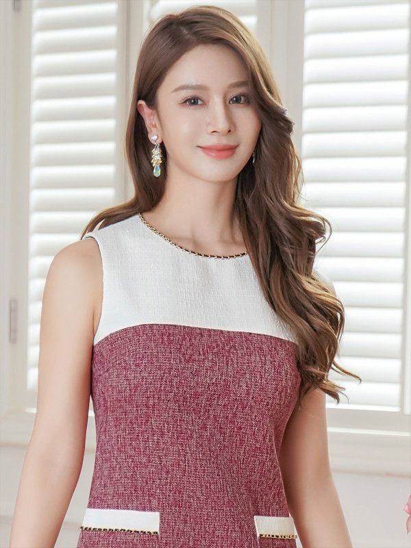 画像10: [送料無料][GINZA COUTURE]ホワイト×ベージュ・ホワイト×ワインレッド・バイカラー・チェーン・ポケット・ツイード・ノースリーブ・タイト・ミニドレス・ワンピース[即日発送][大きいサイズあり] (10)