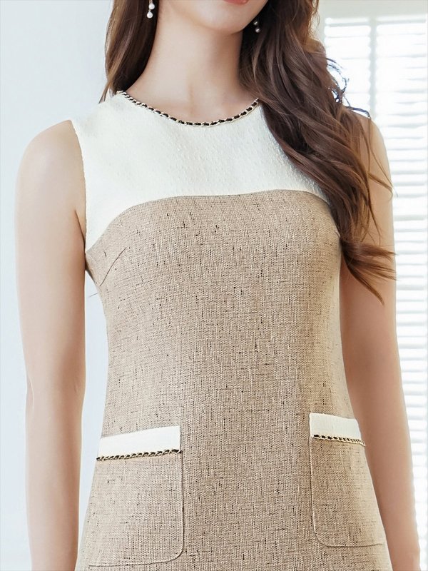 画像4: [送料無料][GINZA COUTURE]ホワイト×ベージュ・ホワイト×ワインレッド・バイカラー・チェーン・ポケット・ツイード・ノースリーブ・タイト・ミニドレス・ワンピース[即日発送][大きいサイズあり] (4)