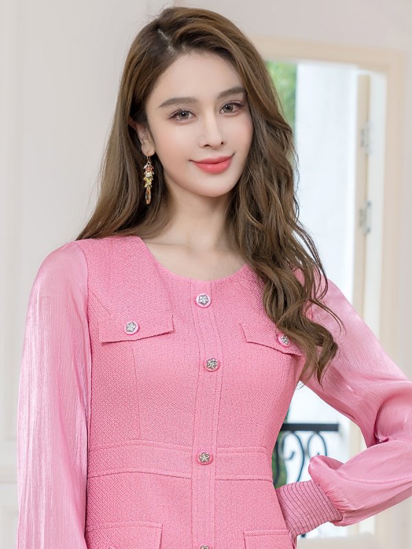 画像10: [送料無料][GINZA COUTURE]アイボリー・ピンク・ブラック・ワインレッド・ビジューボタン・シアー・ラメ糸・ポケット・切替・長袖・Aライン・ミニドレス・ワンピース[即日発送][大きいサイズあり] (10)