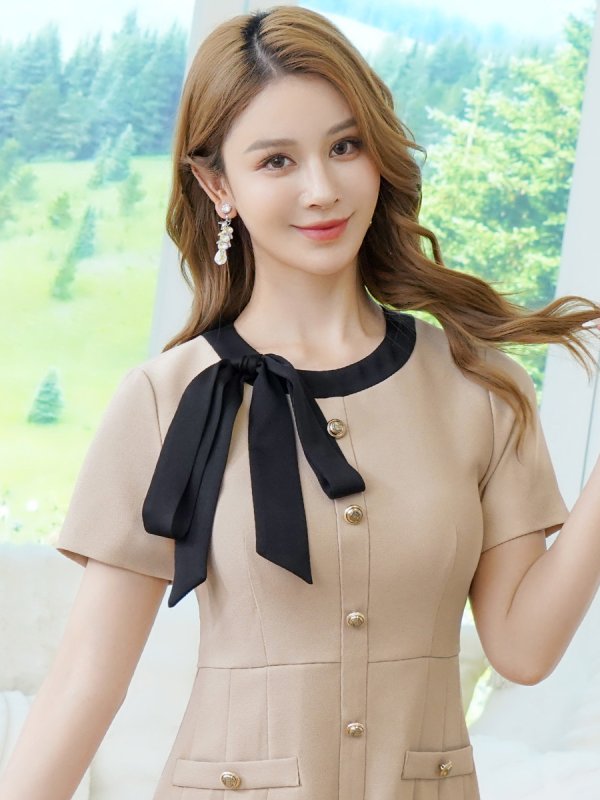 画像4: [送料無料][GINZA COUTURE]ベージュ・グレー・ネイビー・レッド・ピンク・イエロー・アイボリー・バイカラー・半袖・Aライン・リボン・ボタン・シンプル・ミニドレス・ワンピース[即日発送][大きいサイズあり] (4)