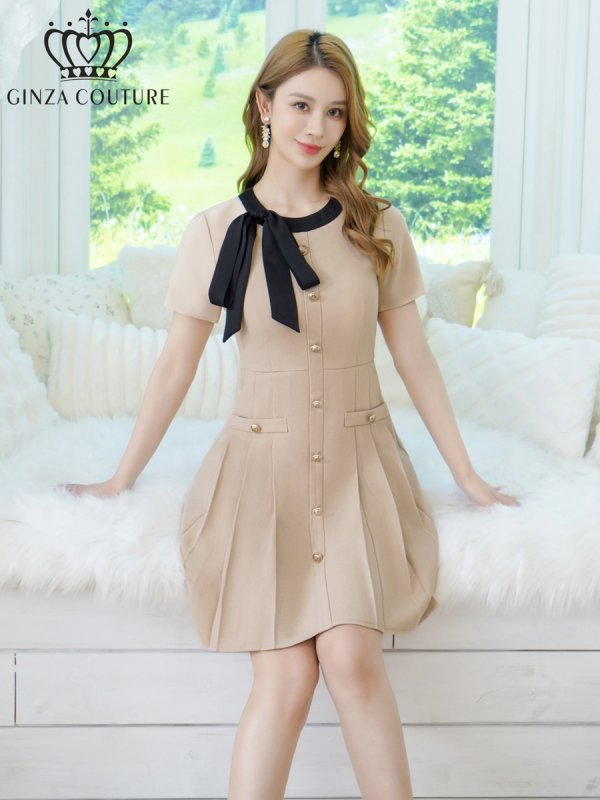 画像6: [送料無料][GINZA COUTURE]ベージュ・グレー・ネイビー・レッド・ピンク・イエロー・アイボリー・バイカラー・半袖・Aライン・リボン・ボタン・シンプル・ミニドレス・ワンピース[即日発送][大きいサイズあり] (6)