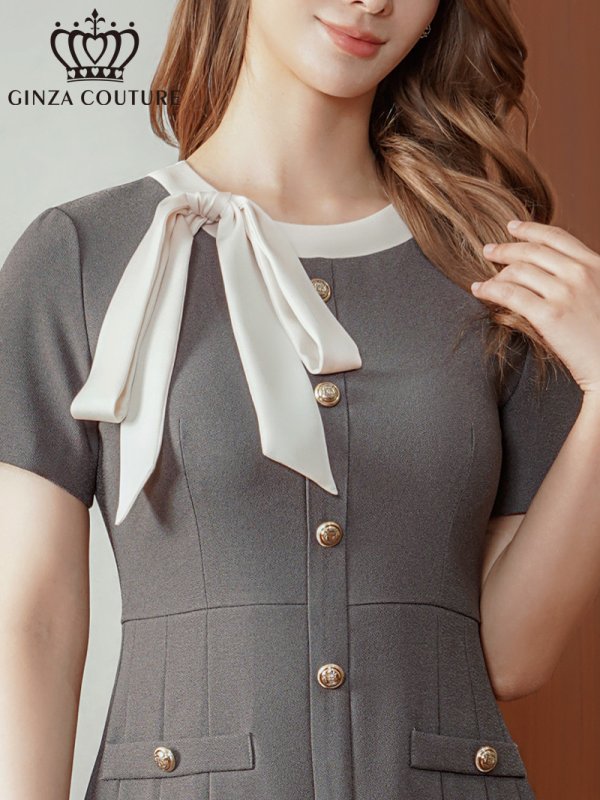 画像4: [送料無料][GINZA COUTURE]グレー・ネイビー・レッド・ピンク・イエロー・アイボリー・バイカラー・半袖・Aライン・リボン・ボタン・シンプル・ミニドレス・ワンピース[即日発送][大きいサイズあり] (4)