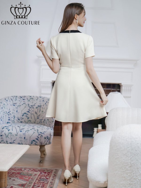 画像9: [送料無料][GINZA COUTURE]ピンク・アイボリー・ネイビー・バイカラー・半袖・リボン・ボタン・プリーツ・Aライン・ミニドレス・ワンピース[即日発送][大きいサイズあり] (9)