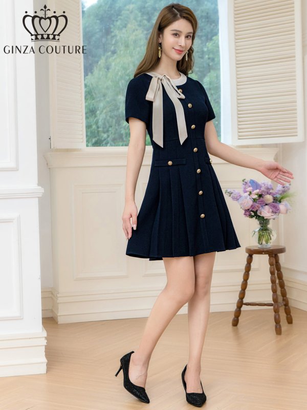 画像17: [送料無料][GINZA COUTURE]ピンク・アイボリー・ネイビー・バイカラー・半袖・リボン・ボタン・プリーツ・Aライン・ミニドレス・ワンピース[即日発送][大きいサイズあり] (17)
