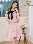 画像14: [送料無料][GINZA COUTURE]アイボリー・ネイビー・ピンク・バイカラー・半袖・リボン・ボタン・プリーツ・Aライン・ミニドレス・ワンピース[即日発送][大きいサイズあり] (14)