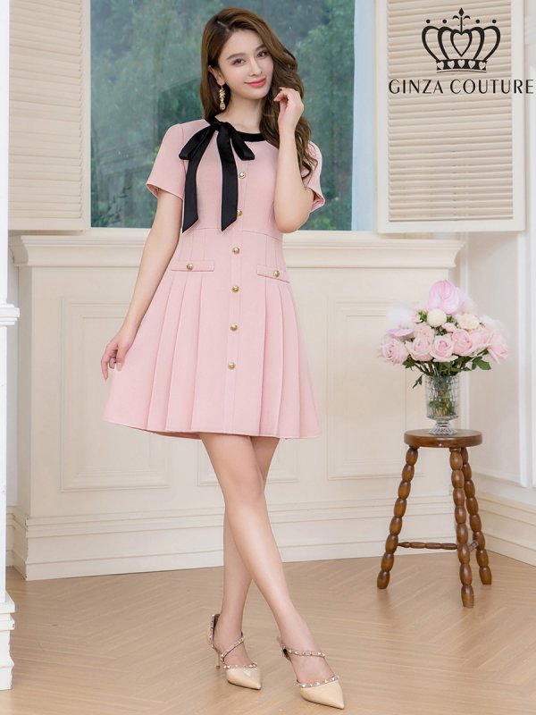 画像5: [送料無料][GINZA COUTURE]ピンク・アイボリー・ネイビー・バイカラー・半袖・リボン・ボタン・プリーツ・Aライン・ミニドレス・ワンピース[即日発送][大きいサイズあり] (5)
