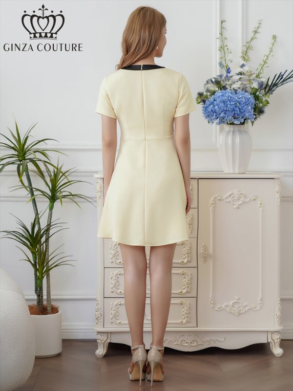 画像20: [送料無料][GINZA COUTURE]ネイビー・ピンク・アイボリー・イエロー・半袖・Aライン・リボン・ボタン・シンプル・ミニドレス・ワンピース[即日発送][大きいサイズあり] (20)