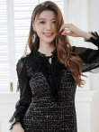 画像4: [送料無料][GINZA COUTURE]ブラック・ラメ・チュールレース・フリル・長袖・リボン・スパンコール・金糸・MIXツイード・Aライン・ミニドレス・ワンピース[即日発送][大きいサイズあり] (4)